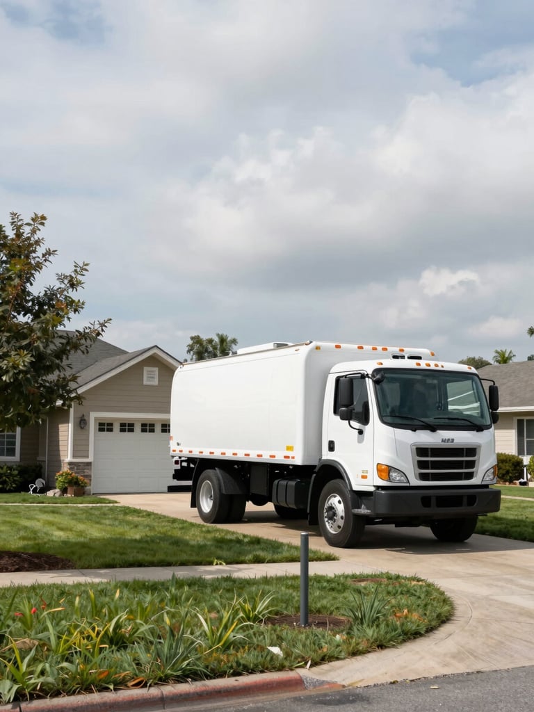 Wide environmental shot, a propane delivery truck parked in a residential driveway under natural daylight overcast sky, suburban yard visible to the left, truck fills the right frame showing scale and capability, no people