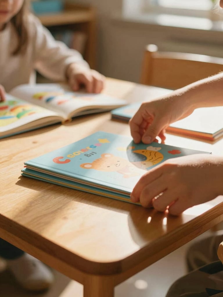 A close-up of hands arranging colorful children's books on a low wooden table in a sunlit classroom, warm morning light, shallow depth of field.