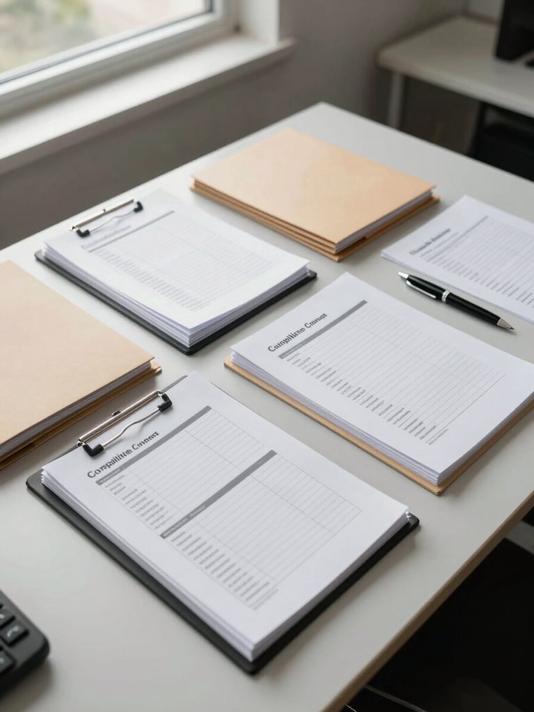 Close overhead shot of a clean office desk under diffused window light, organized manila folders and compliance checklists arranged in precise order, a single pen resting beside an open document, calm and methodical