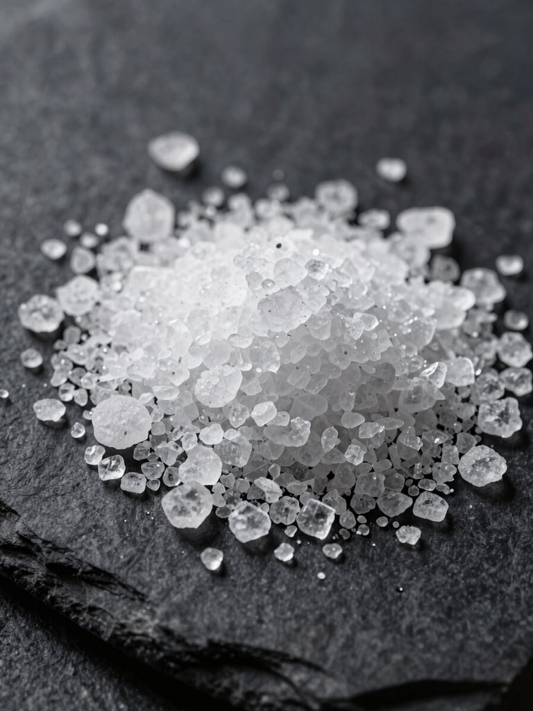 Extreme close-up of coarse salt crystals on a dark slate surface, harsh lighting creating sharp contrasts, monochromatic and highly textured.