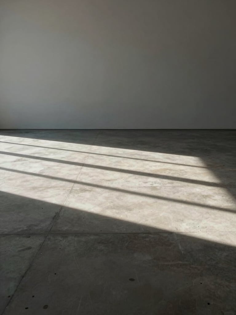 Wide empty architectural space with harsh direct sunlight casting deep geometric shadows on a concrete floor, minimalist and raw.