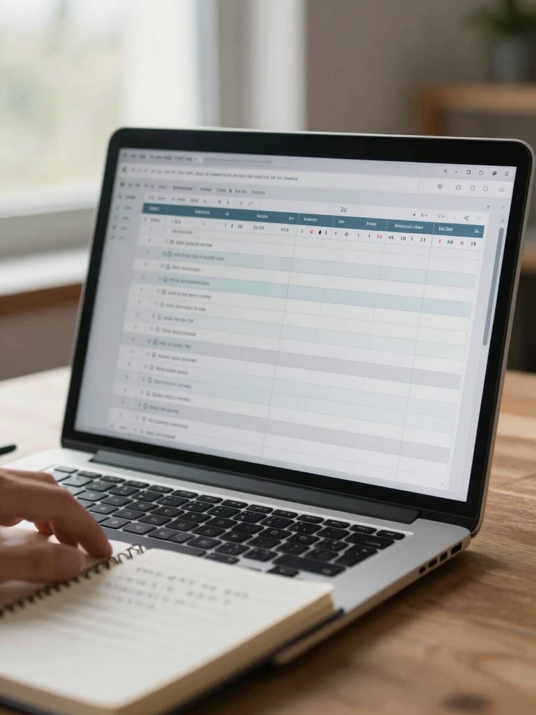 Medium shot of a laptop screen showing a project timeline document with task rows and milestone markers, a hand resting beside a notebook with handwritten notes, natural daylight from a window to the left, slightly overcast