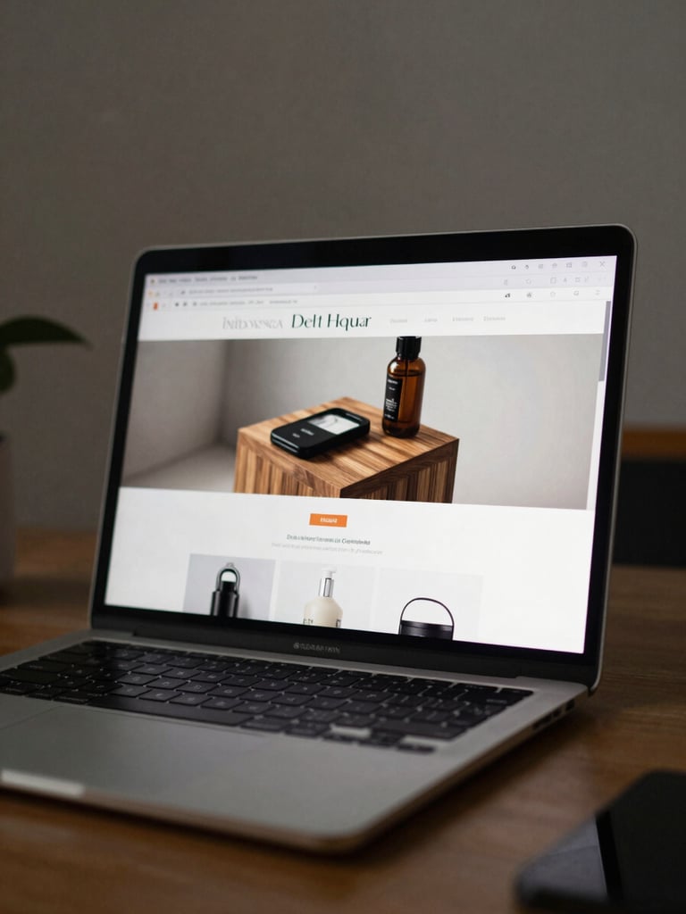 Close-up medium shot of a laptop screen displaying a polished e-commerce website for an Indonesian manufacturer, shot in soft office ambient light, desk surface visible at the bottom edge, slightly off-center to the right within the frame, muted background wall out of focus