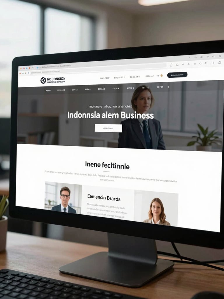 Close-up medium shot of a large desktop monitor displaying a clean Indonesian business website UI, screen filling most of the frame, ambient office light from a nearby window, keyboard edge visible at bottom, muted background