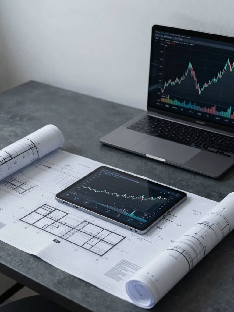 Clean overhead desk setup with architectural blueprints, a modern tablet displaying financial charts, cool overcast daylight, desaturated slate tones.