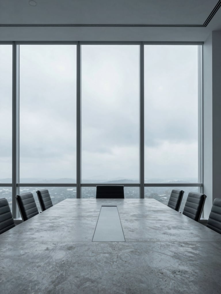 Clean architectural interior of a modern corporate boardroom with a large concrete table, floor-to-ceiling windows showing a cool overcast sky, desaturated tones.