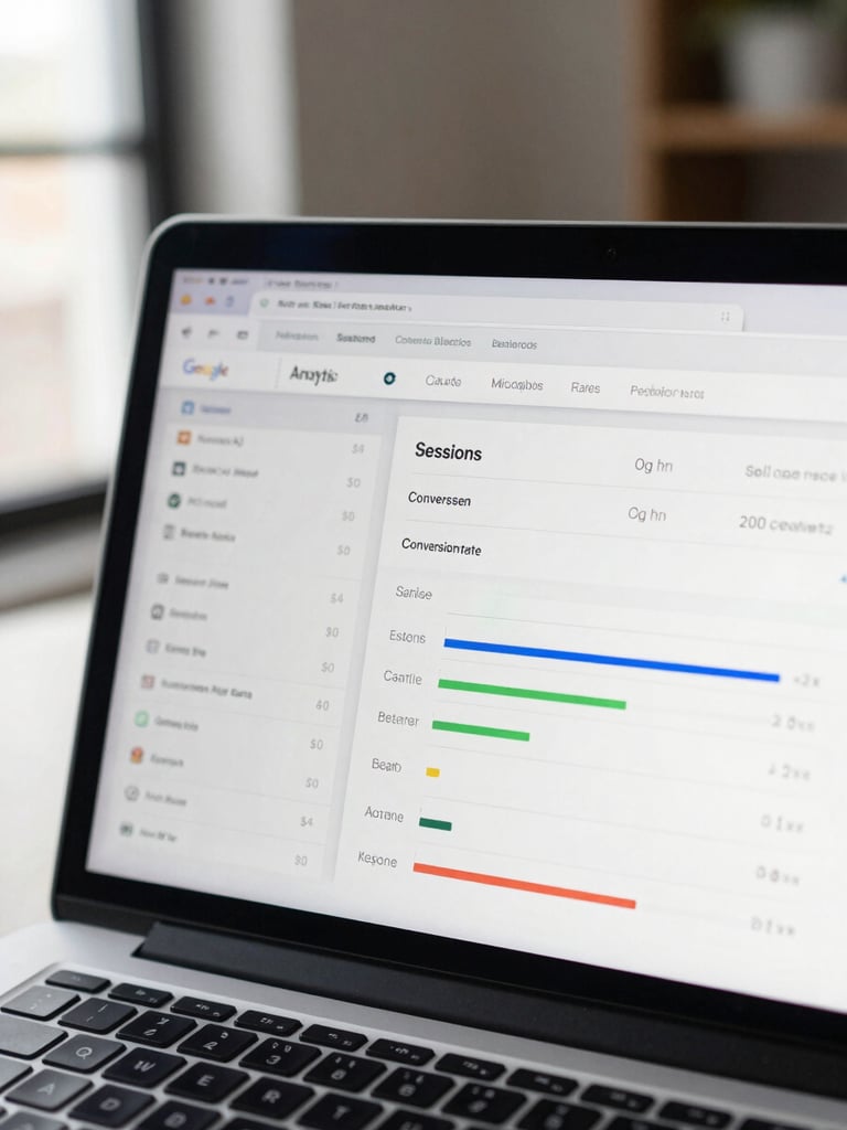 Close-up of a MacBook screen showing a Google Analytics dashboard for an Accra business client — sessions, conversion rate, and revenue metrics clearly visible — photographed in a bright studio with natural window light from the left