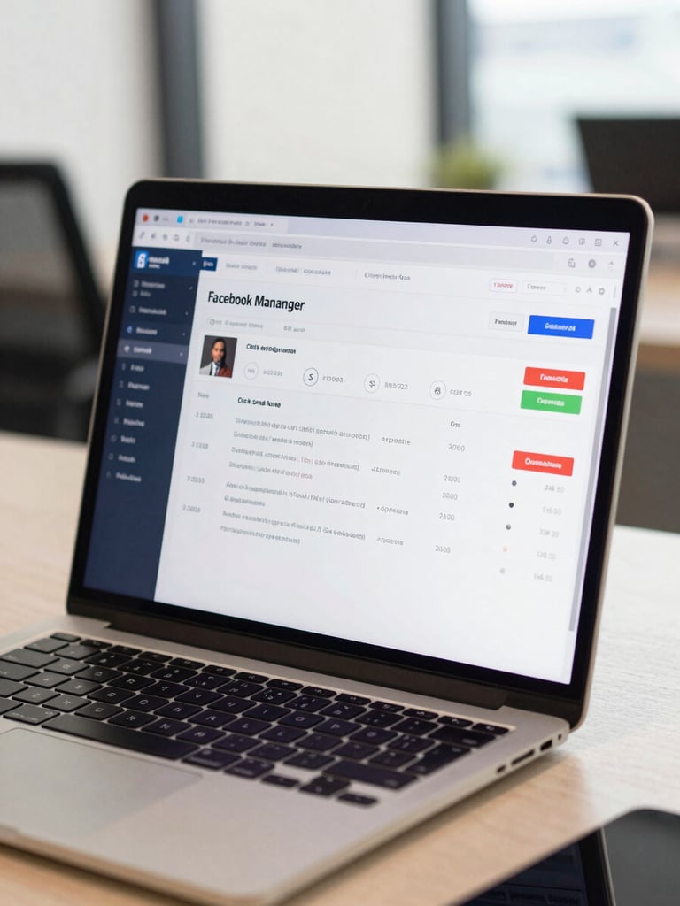 Close-up of a laptop screen showing a Facebook Ads Manager dashboard with live campaign metrics — click-through rates and spend visible — on a desk in a bright Accra office, keyboard partially in frame