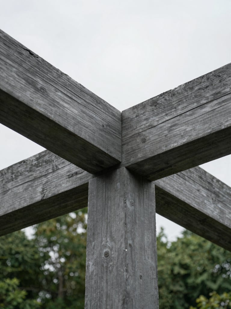 Macro architectural detail of raw sustainable timber beams intersecting, cool overcast natural daylight, desaturated slate gray tones, sharp focus.