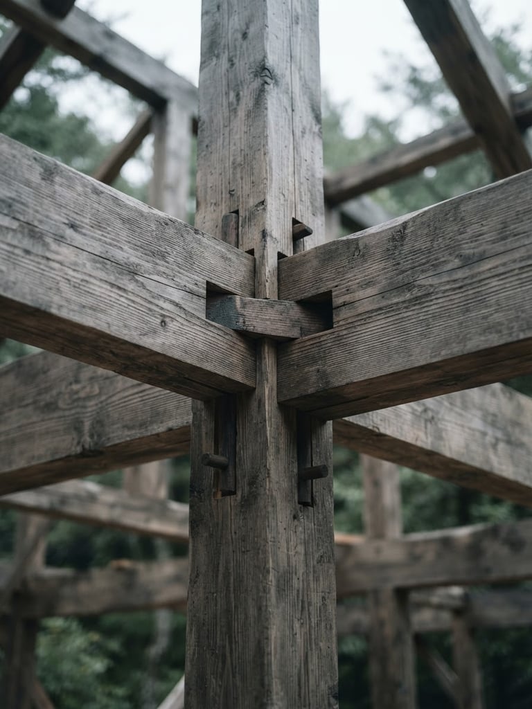 Macro architectural detail of structural timber joints, cool overcast natural daylight, desaturated forest green tones, sharp focus, 35mm lens.