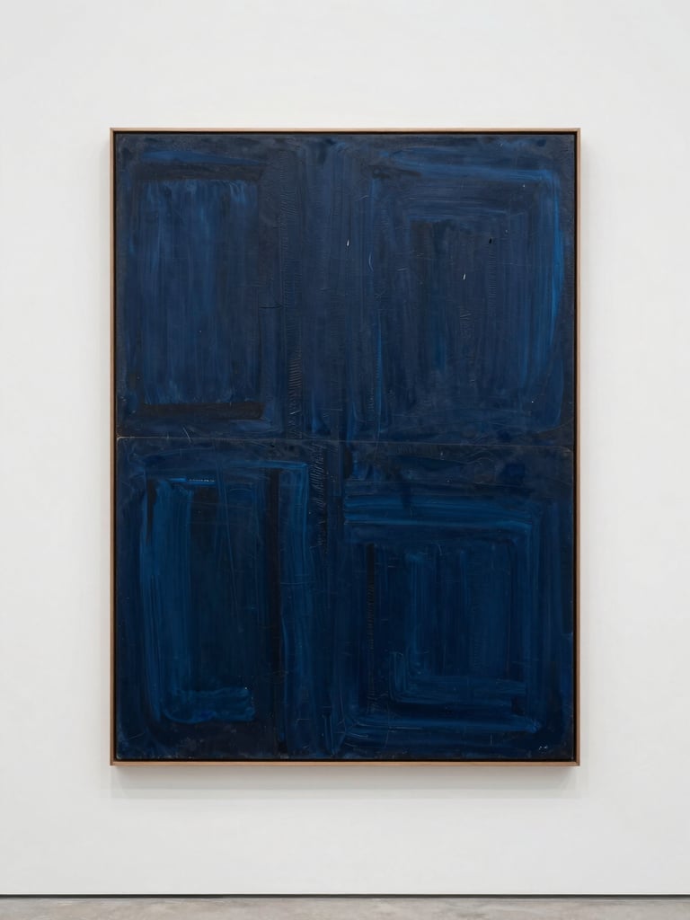 A straight-on, high-fidelity documentation of a contemporary abstract painting with deep indigo textures, hanging on a flat white gallery wall under soft, even daylight.