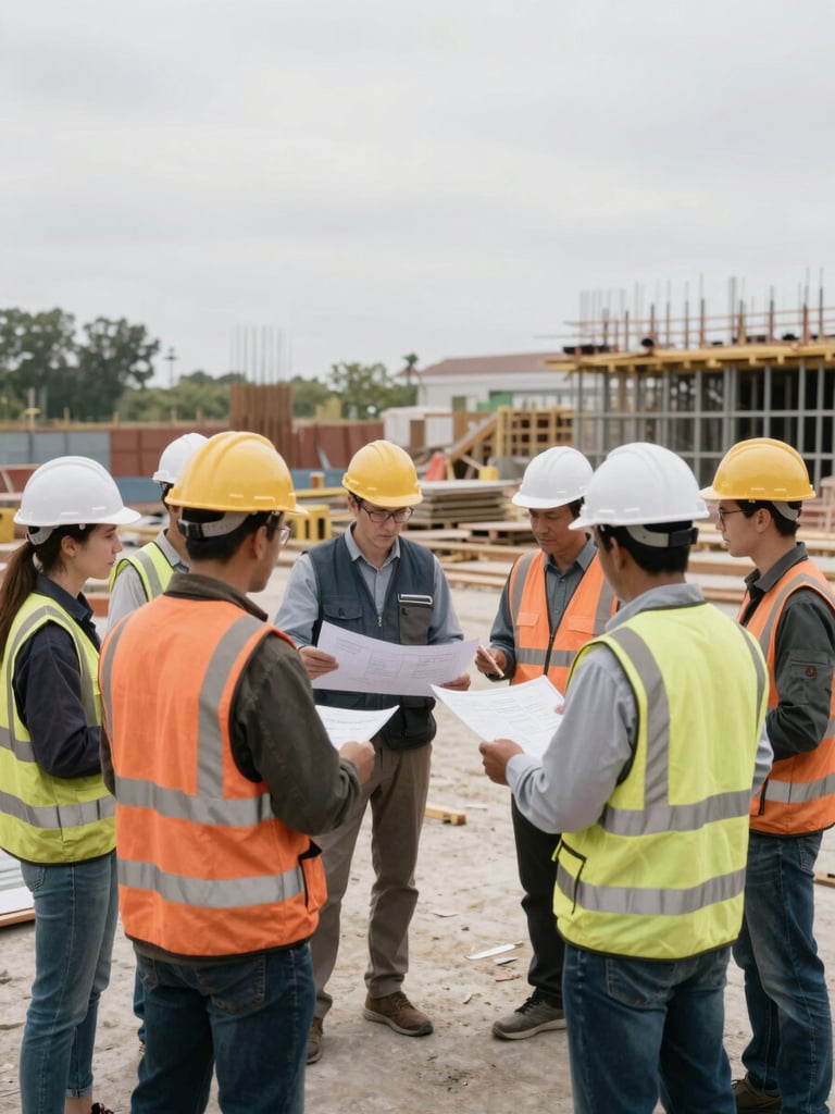 Wide shot of a construction site meeting, diverse group of construction professionals (architect, project manager, contractor) reviewing blueprints, natural overcast daylight, cool steel and warm amber tones, realistic documentary style, 35mm