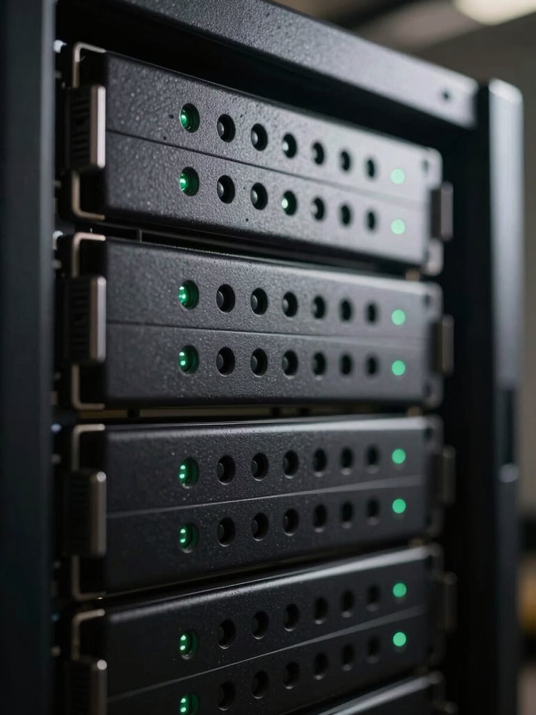 Macro close-up of a high-end server rack with subtle dark green indicator lights, moody dramatic side-lighting, shallow depth of field