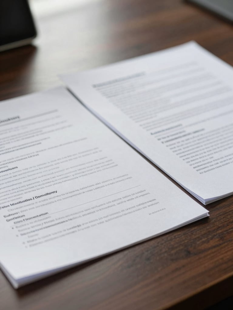 Crisp close-up of physical financial documents being reviewed on a dark wooden desk, clean corporate daylight, shallow depth of field, professional and structured atmosphere.