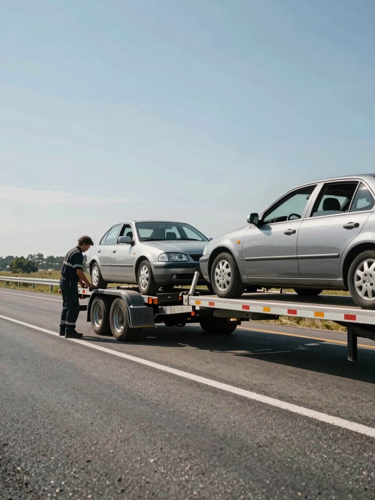 Wide environmental shot from road level, a Roos towing trailer backing up to a disabled sedan under harsh noon sun on an asphalt shoulder, technician in profile guiding the hookup, no faces visible