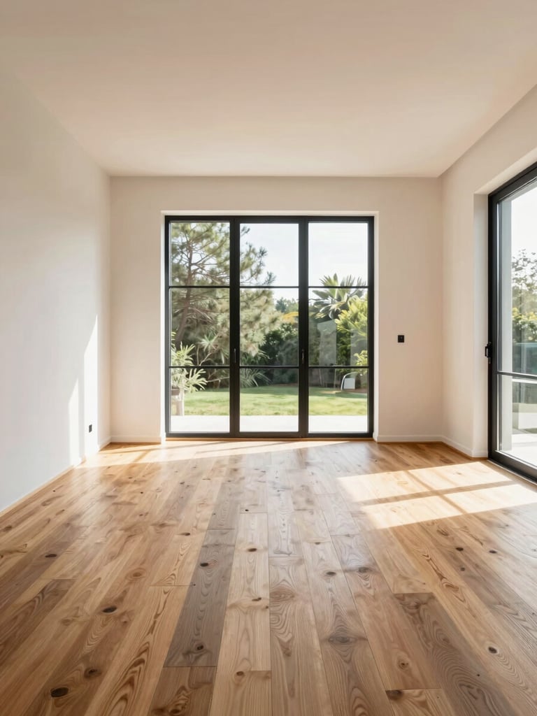 Architectural editorial photo of a finished modern living room, warm oak flooring, clean plaster walls, bright natural daylight streaming through a large black-framed window