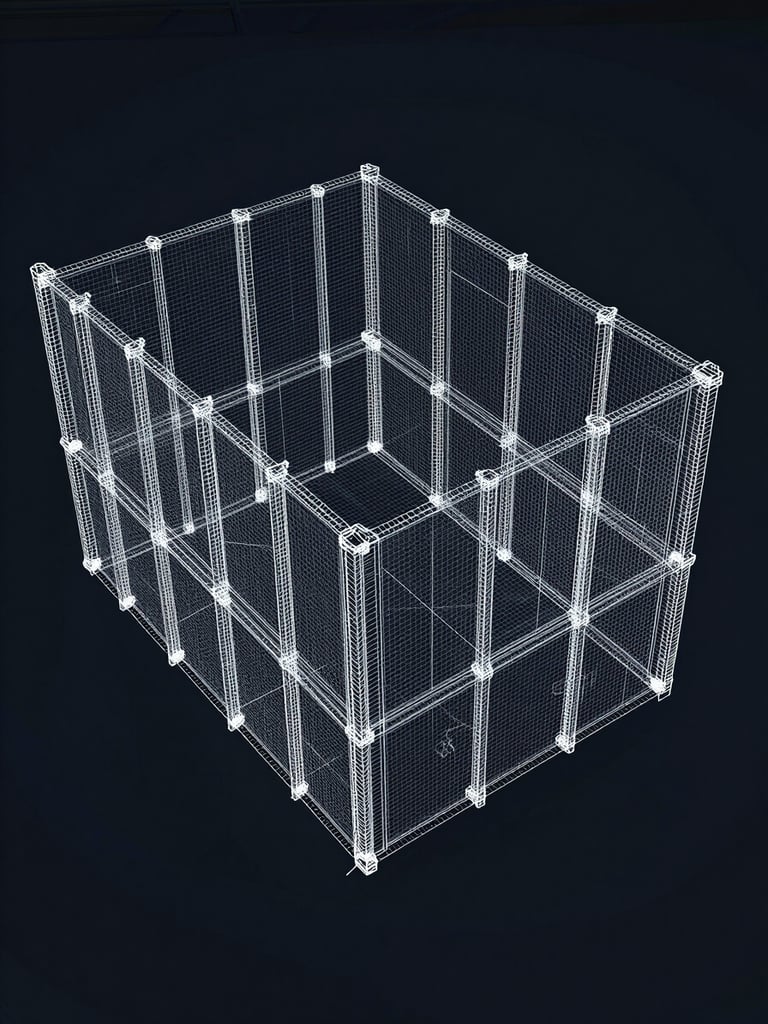 Technical orthographic perspective of a CAD structural layout, showing high-contrast blueprint lines on a dark background.