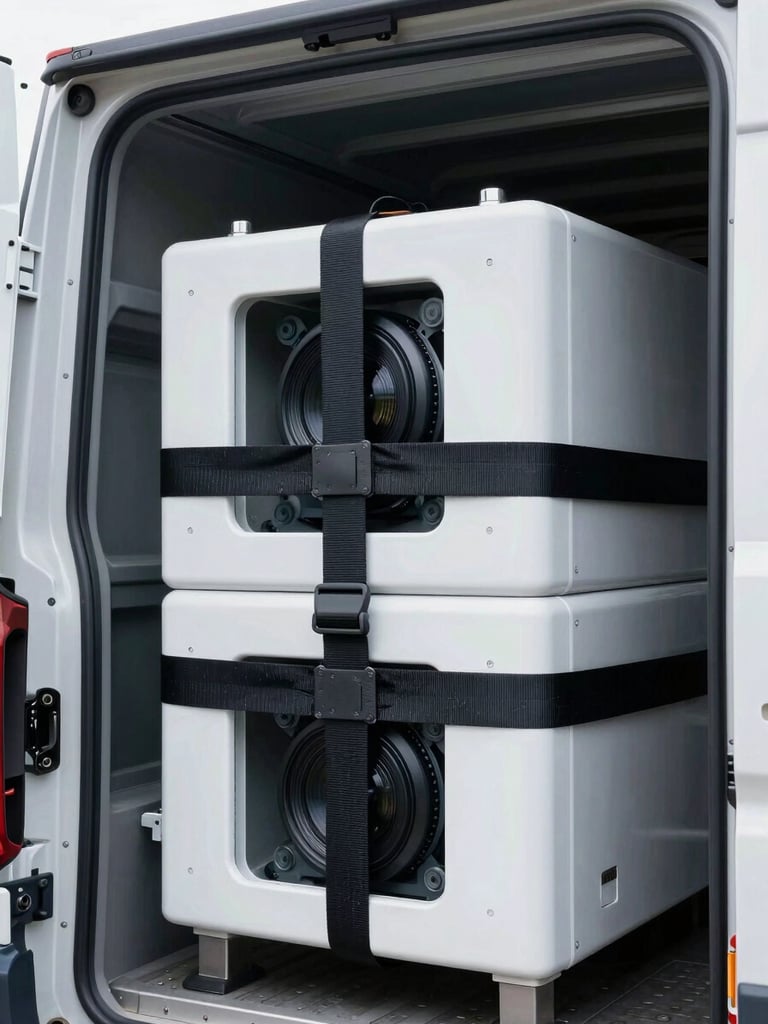 Close-up of industrial heavy-duty cargo strap securing high-value machinery inside a clean transport vehicle, crisp daylight, high contrast, 35mm lens
