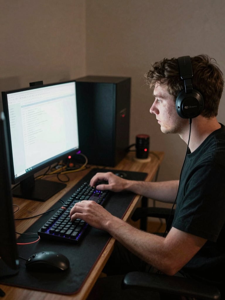 Wide environmental shot, a gaming streamer mid-broadcast at a dual-monitor setup in a dim room, hands on keyboard, screen glow illuminating face from the side, cables and peripherals visible in background — documentary, unposed, natural ambient light