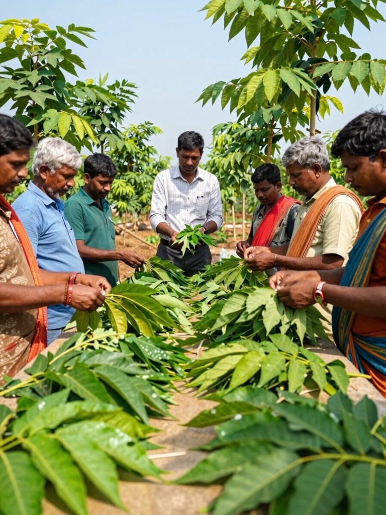 An educational agricultural seminar in Maharashtra, a professional trainer showing a group of farmers how to grade vibrant green Moringa leaves under bright natural sunlight, 35mm editorial photography.