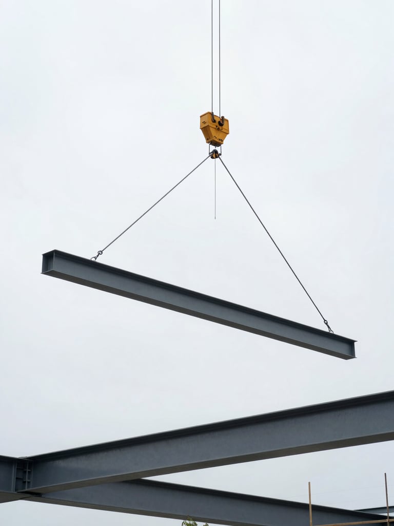 Architectural garden structure under construction, crane lifting a minimalist steel beam into place, bright overcast daylight, sharp focus
