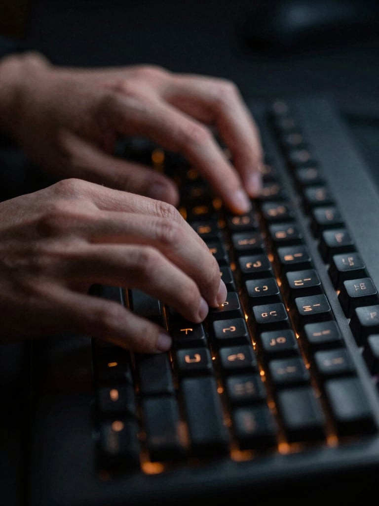 Moody close-up of a developer's hands typing on a mechanical keyboard, soft orange ambient glow reflecting off the keys, shallow depth of field, 35mm