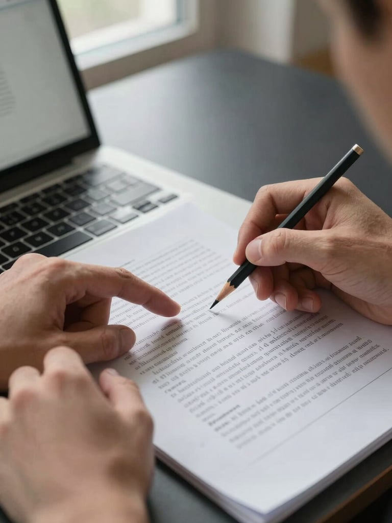 Extreme close-up, north-facing daylight: two sets of hands over a shared laptop screen and a marked-up printed brief, one person's finger pointing at a paragraph of copy while the other holds a pencil mid-annotation, dark matte desk surface, cool diffused window light, heads cropped out — only the work and the hands