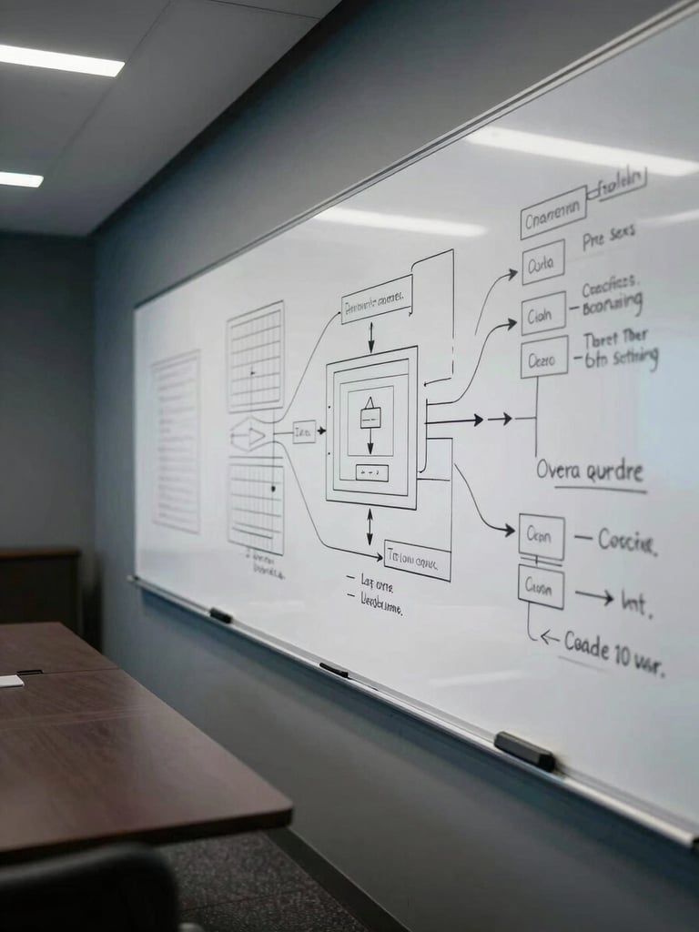 Wide environmental shot, deep focus: a dark conference table edge-on in the left third, a large whiteboard covered in strategic diagrams and annotation arrows fills the right two-thirds, overhead studio strobes casting sharp cool light on the board surface, no people visible — only the evidence of rigorous thinking in progress