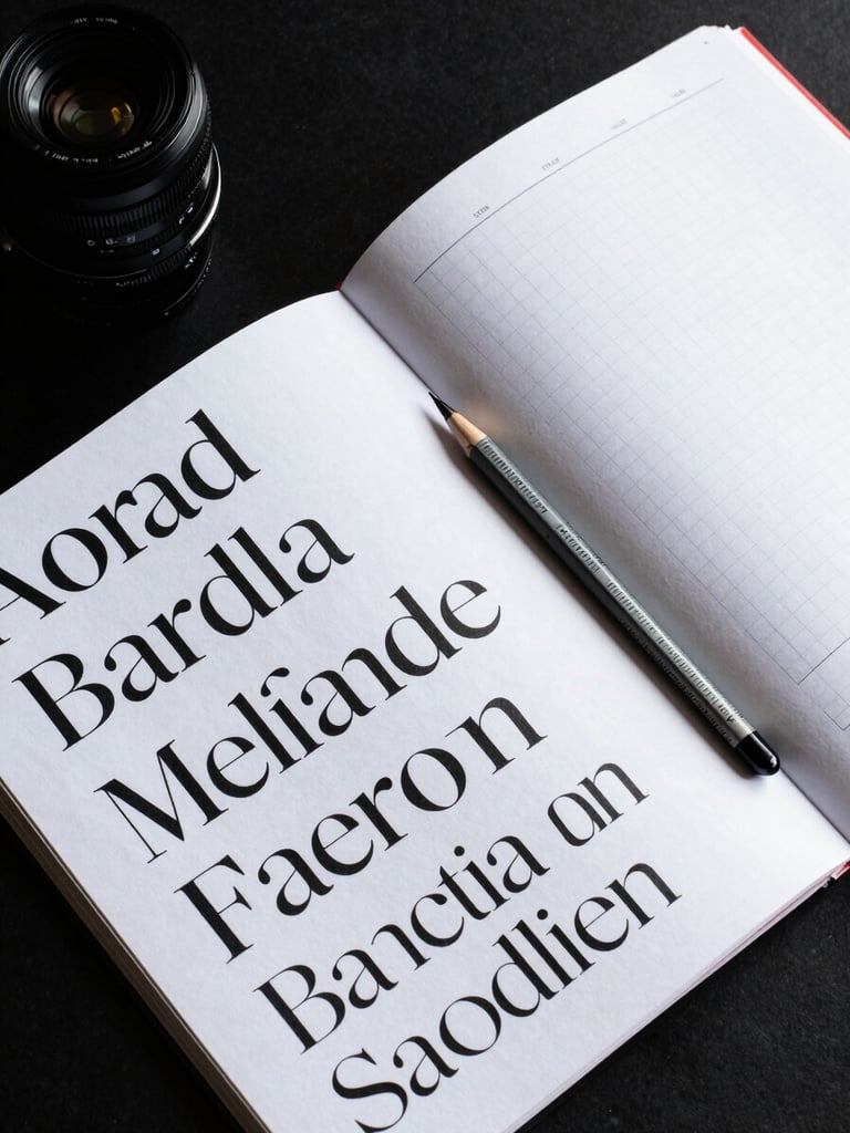 Overhead flat-lay of a large-format printed brand identity system — custom typeface specimen sheets, brand guidelines document open to a grid page, ruled mechanical pencil resting diagonally across, all on matte black surface under cool north-facing studio light, extreme close crop showing paper texture