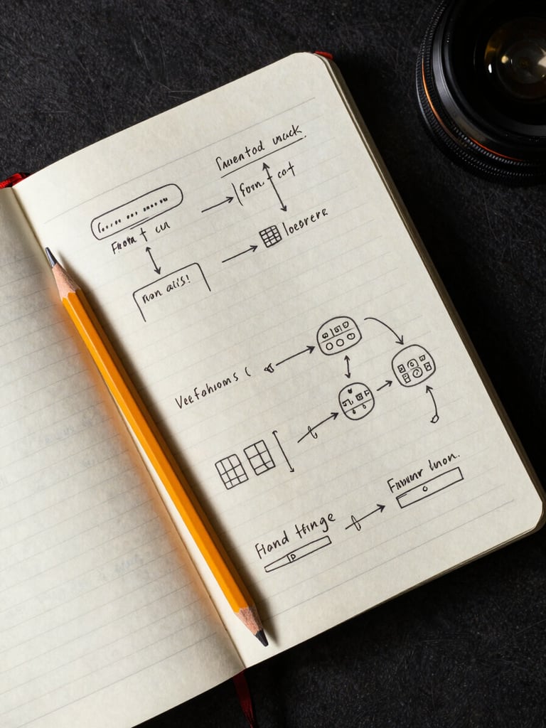 Extreme close-up overhead flat-lay of an open strategy notebook with hand-drawn system diagrams and annotated wireframes on a dark matte desk surface, a precise pencil resting diagonally across the page, studio strobe lighting casting sharp shadows that emphasise the depth of the ruled lines