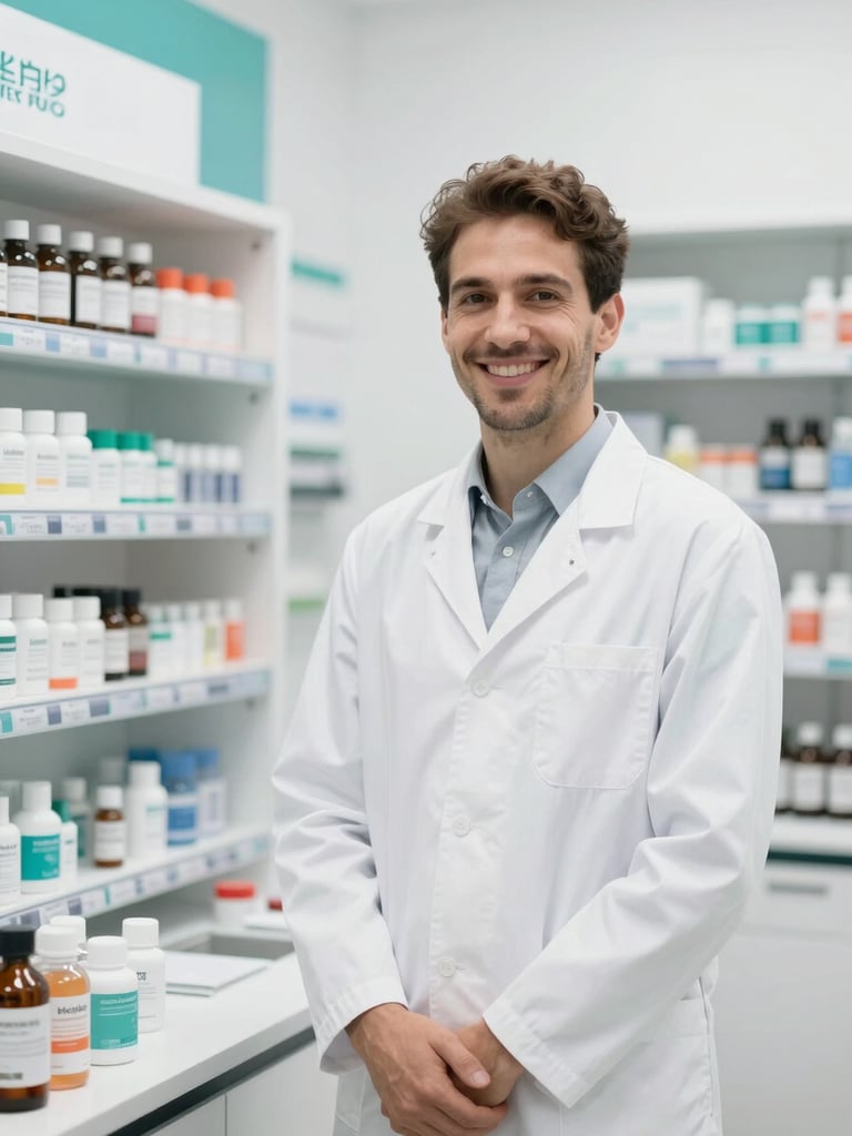 Portrait of an Italian pharmacist in a clean white coat smiling in a modern pharmacy lab, warm daylight, bright high-key lighting, soft teal accents, professional and authentic