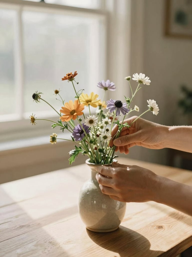 Close-up of hands arranging fresh local wildflowers in a ceramic vase on a sunlit wooden table, soft warm Texas morning light, editorial 35mm