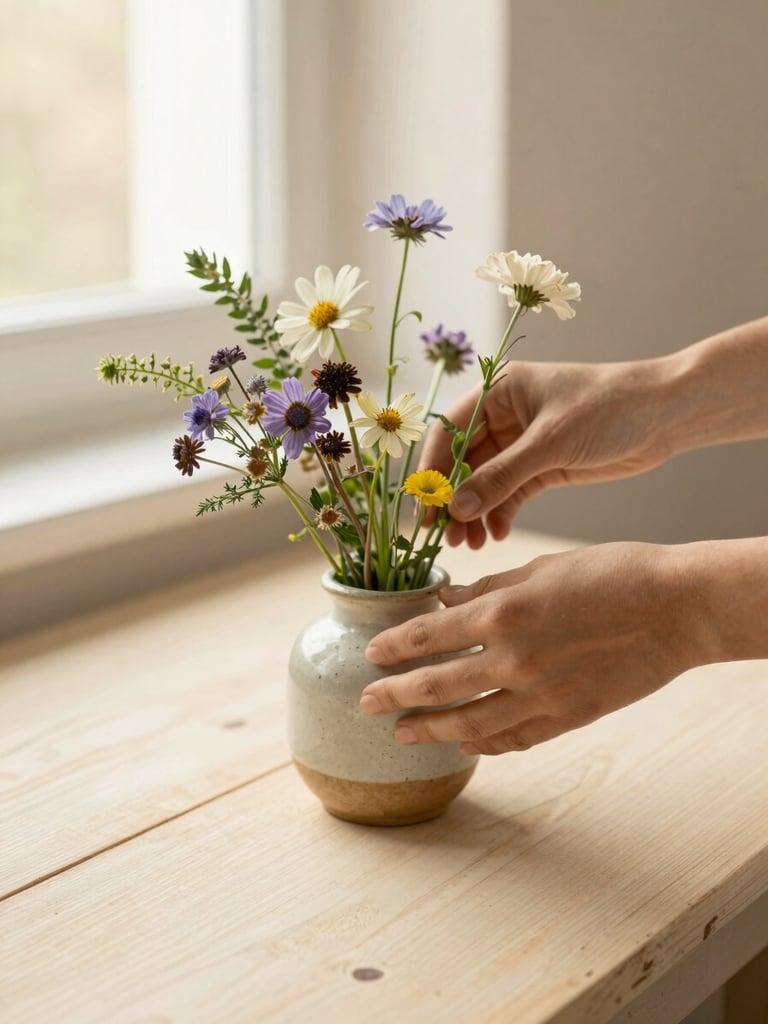 Close-up of hands arranging fresh local wildflowers in a ceramic vase on a rustic cream-colored wooden table, soft golden light, warm editorial photography.