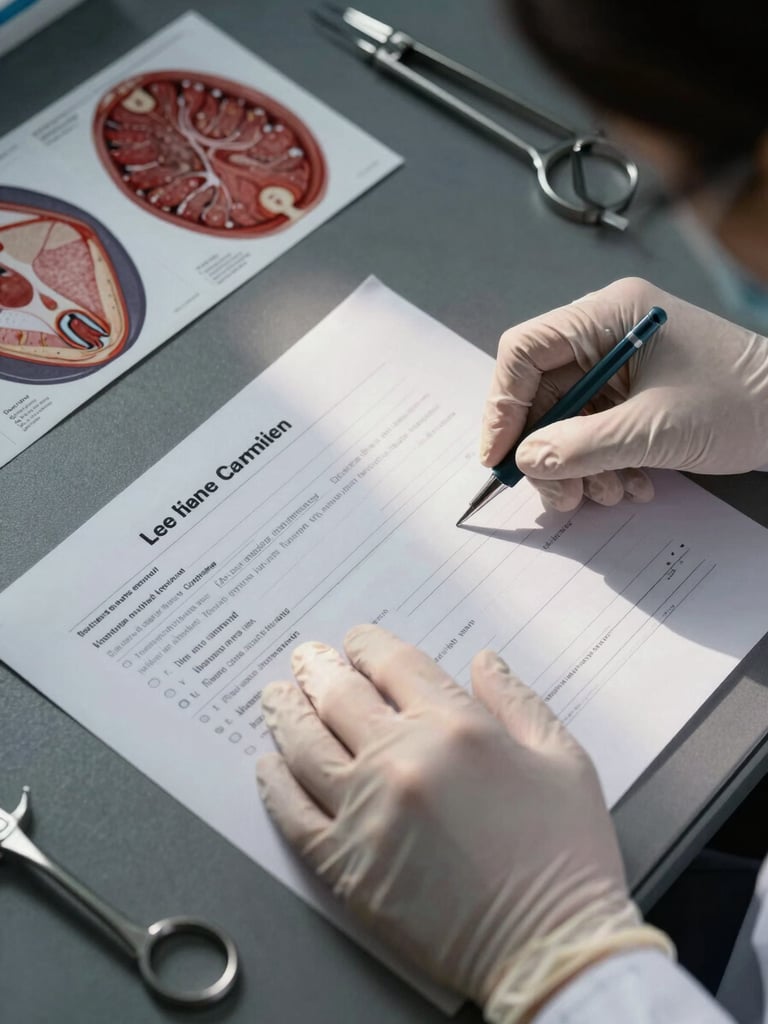 Close-up overhead view of clinician hands arranging protocol documentation on a matte obsidian surface, sterile instruments aligned with precision beside anatomical tissue cross-section references, dramatic raking side-light casting sharp platinum highlights across gloved fingertips