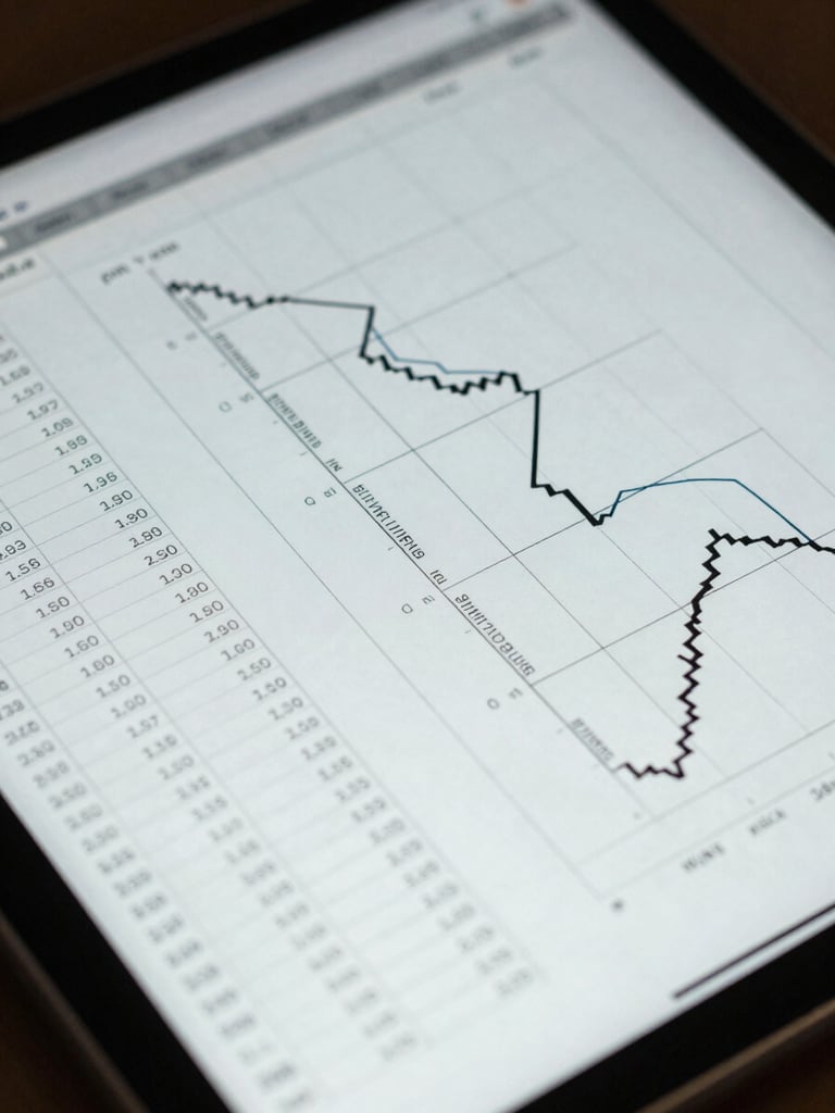 Macro close-up of a structured financial model on a tablet screen, cool daylight, focus on precise data tables and architectural line charts.