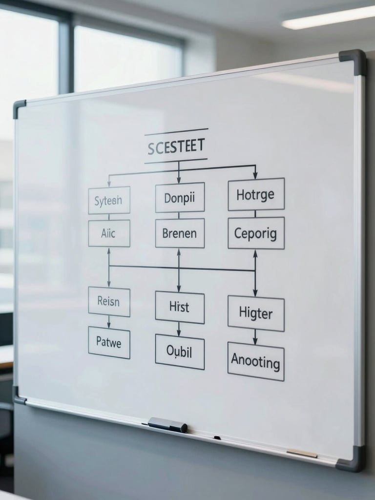 Straight-on medium shot of a physical whiteboard with structured system architecture diagrams, crisp natural office daylight, cool slate tones