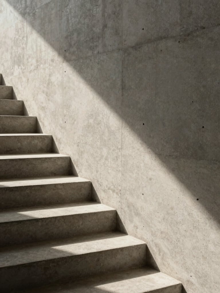 Architectural close-up of a minimalist concrete staircase with sharp shadows and warm sunlight, clean lines, high contrast, editorial photography style.