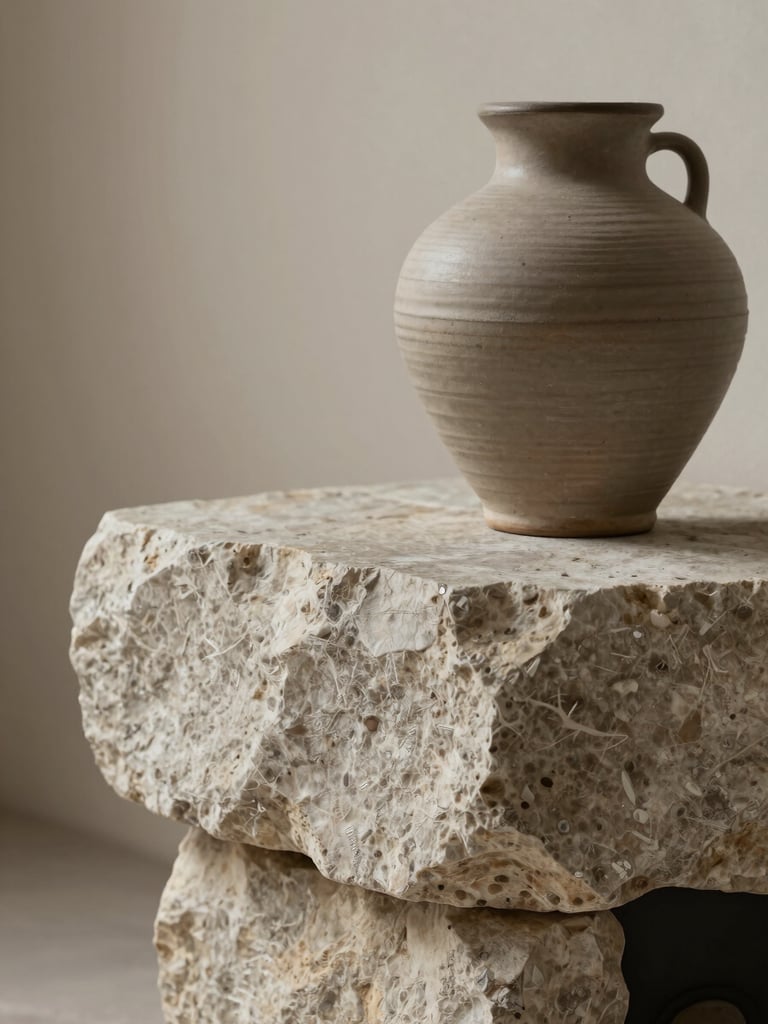Close-up vignette of a raw stone hearth with a hand-thrown ceramic vase, soft diffused lighting, muted taupe tones.