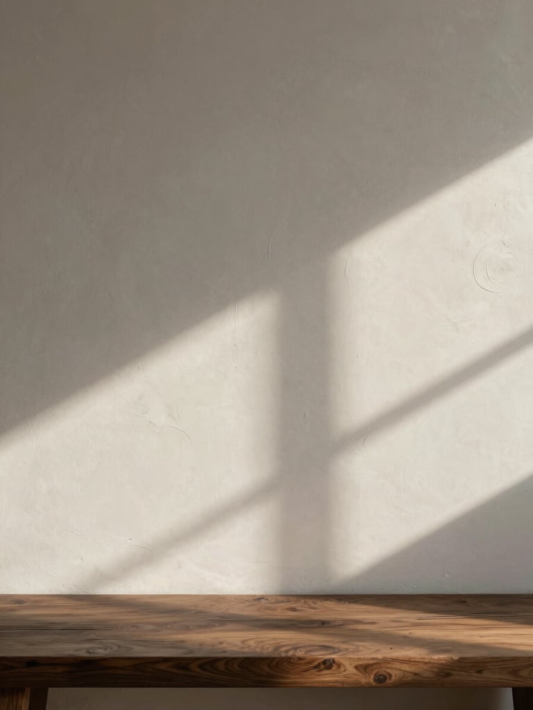 Asymmetrical close-up of a hand-applied plaster wall meeting a dark oak bench, soft late-afternoon shadow play, diffused natural light.