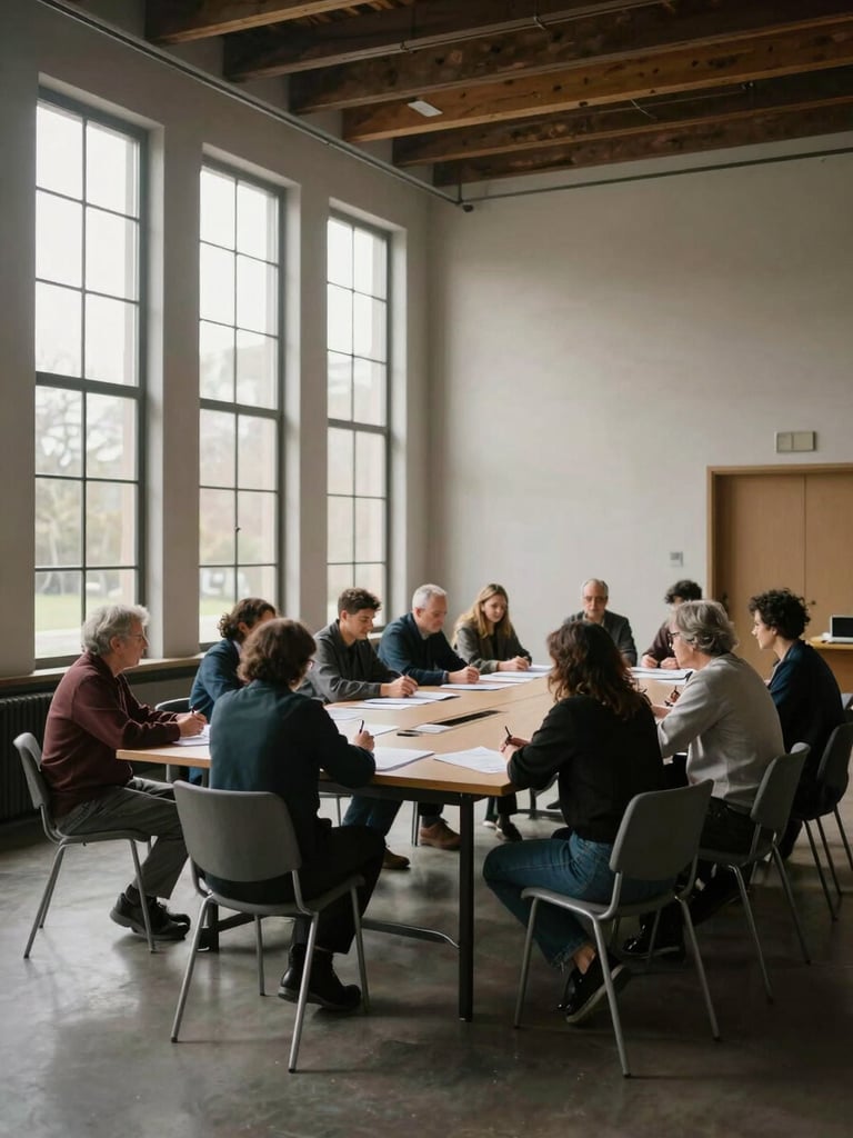 Wide interior shot of a cooperative meeting room, members seated around a long table covered in papers, natural light from tall windows on the left, muted warm tones, no faces identifiable, architectural framing