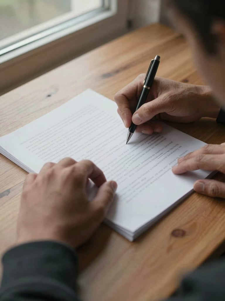 Close overhead view of two pairs of hands resting on an open document on a wooden table, a pen mid-signature, natural diffused daylight from a side window, muted tones, no faces visible