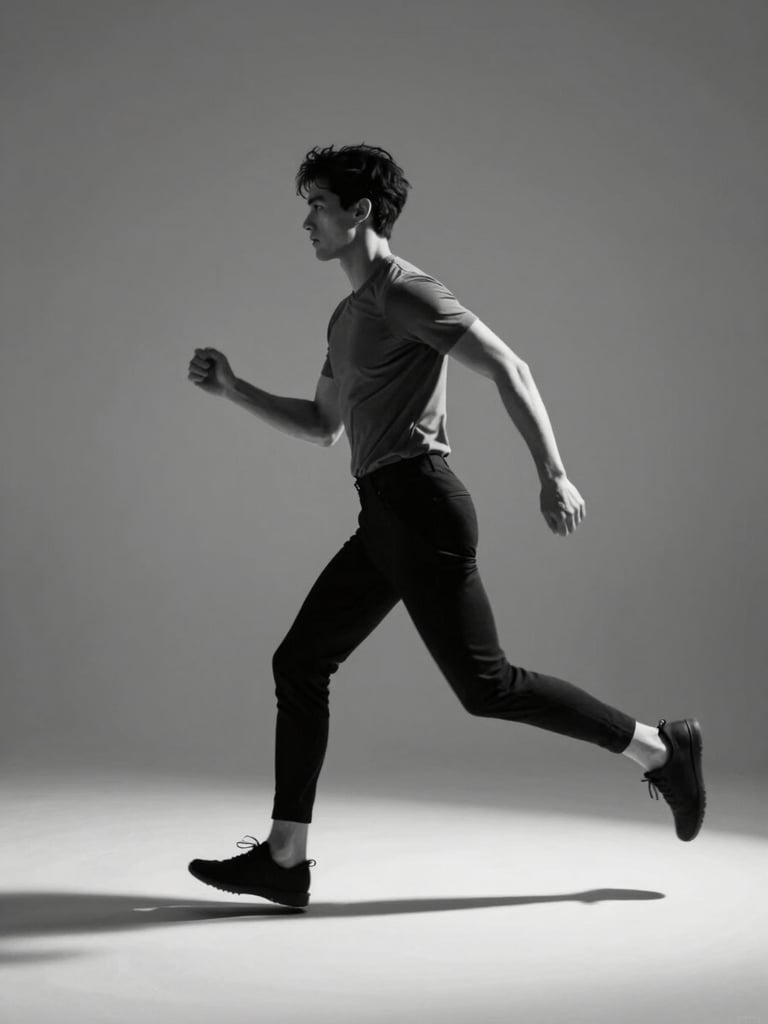 Full-length editorial frame, model in motion mid-stride on a minimalist studio cyclorama, harsh north light from camera-left, sharp shadows, movement blur at hands, high contrast monochrome