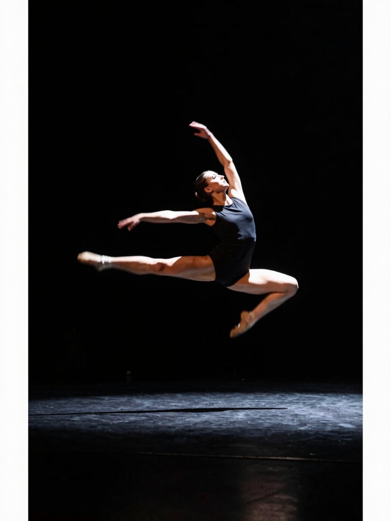 Wide stage shot from low angle, a dancer mid-leap in sharp spotlight against deep black void, full body visible, motion blur on trailing arm, high-contrast theatre lighting, left third of frame