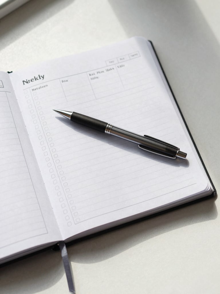Overhead flat-lay of an open weekly planner mid-use on a light desk, a pen resting across a completed checklist row, soft north-facing daylight from the left, clean white surface, no people