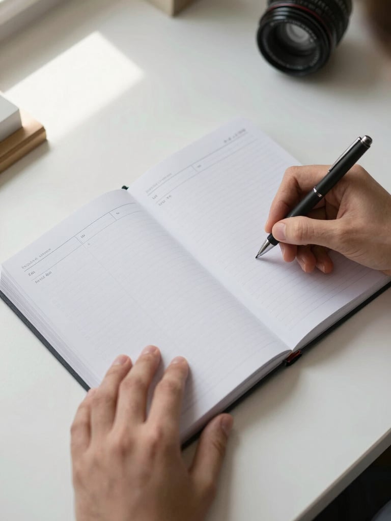 Overhead flat-lay close-up of a printed weekly planner open on a clean white desk, a hand resting on the page with a pen mid-write, soft north-facing daylight from the left, no faces visible