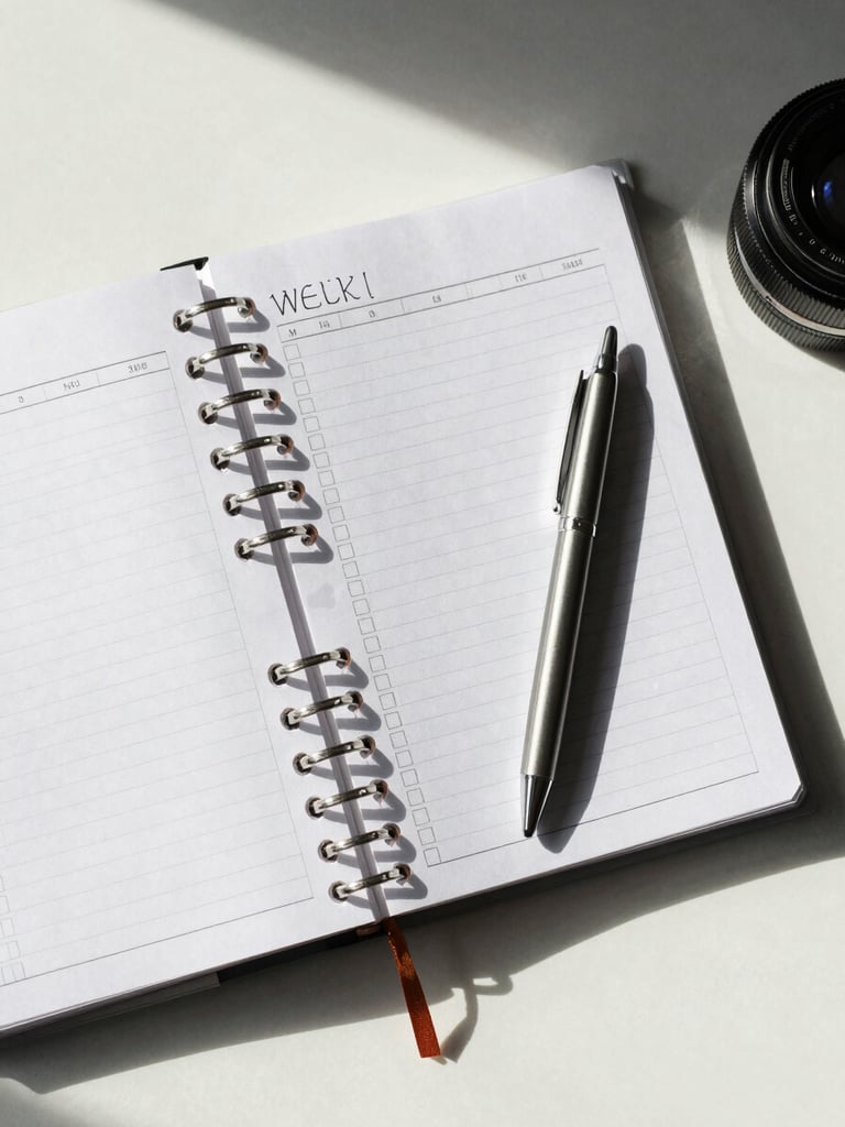 Overhead flat-lay of an open weekly planner on a light desk surface, a pen resting across the page, soft north-facing daylight, completed checklist rows visible, no faces