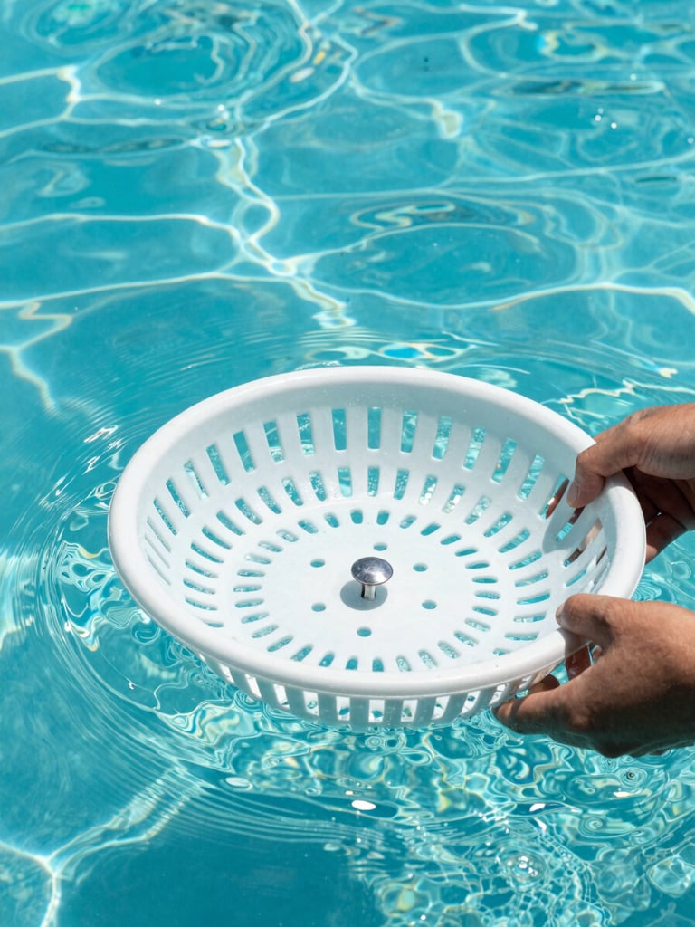 Close-up of a clean skimmer basket in a sparkling turquoise pool, bright sun-drenched photography, crisp daylight, vibrant coastal tones. A hand is adjusting the basket.