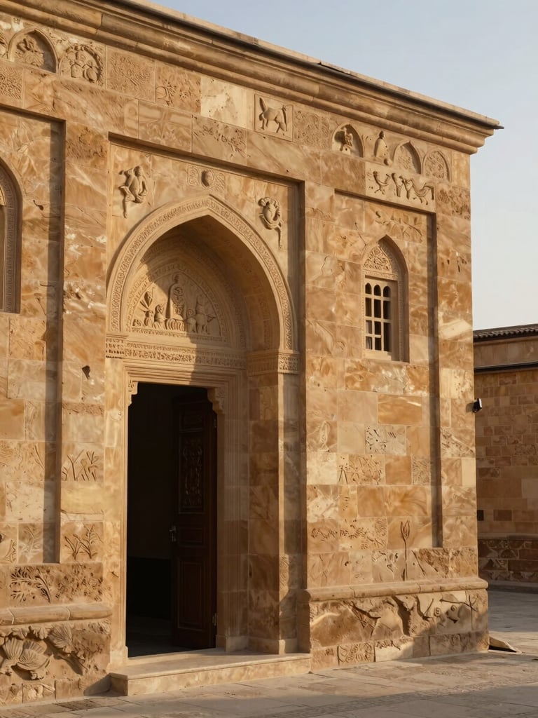 Eye-level wide shot of a Mardin stone mansion facade, warm ochre limestone blocks filling the frame, a carved arched doorway slightly left of center, morning light raking across the relief carvings, narrow alley edge visible at right, no people