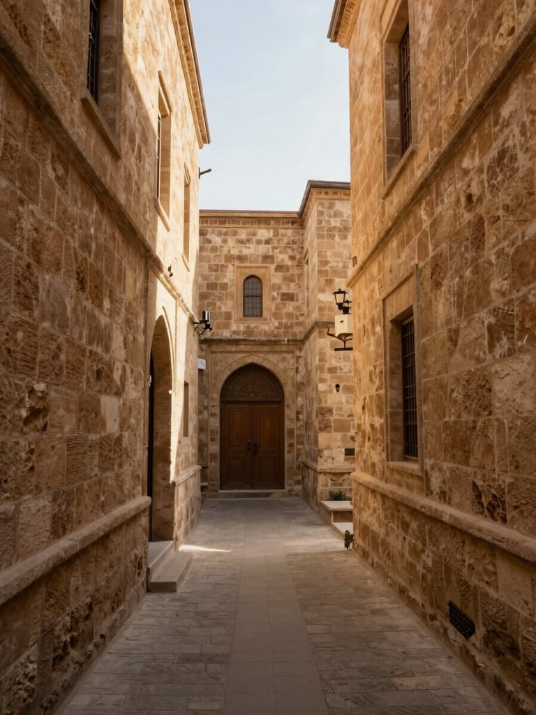 Street-level view looking up a narrow Mardin stone alleyway, warm morning light raking across ochre limestone walls, an arched doorway visible mid-distance, no people, empty quiet