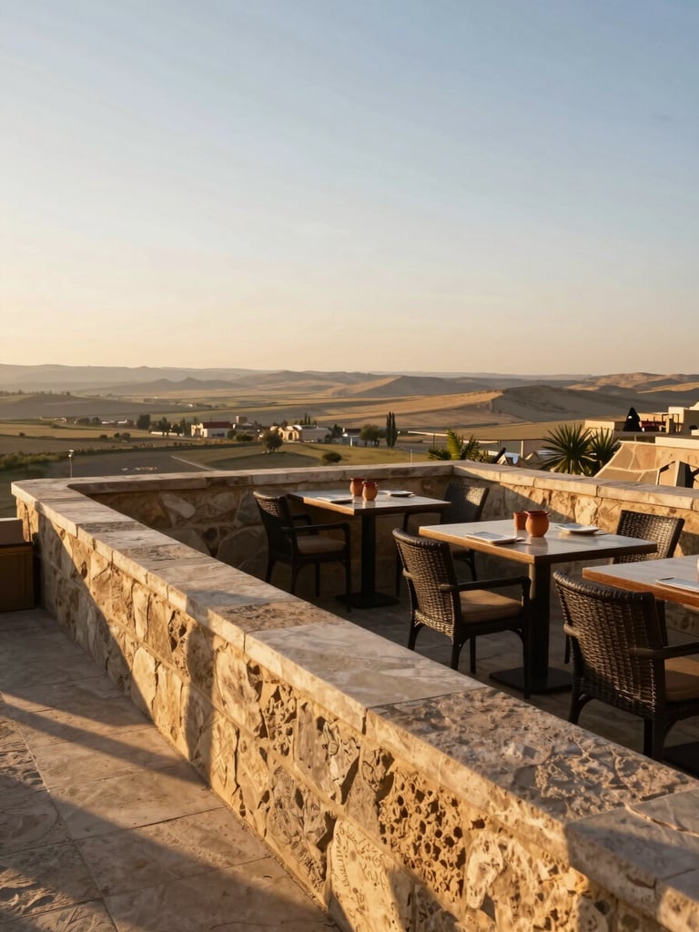 Wide environmental shot of a Mardin restaurant terrace overlooking the Mesopotamian plain at golden hour, stone parapet in the foreground, a single set table with clay cups visible, warm low sun casting long shadows across the terrace floor